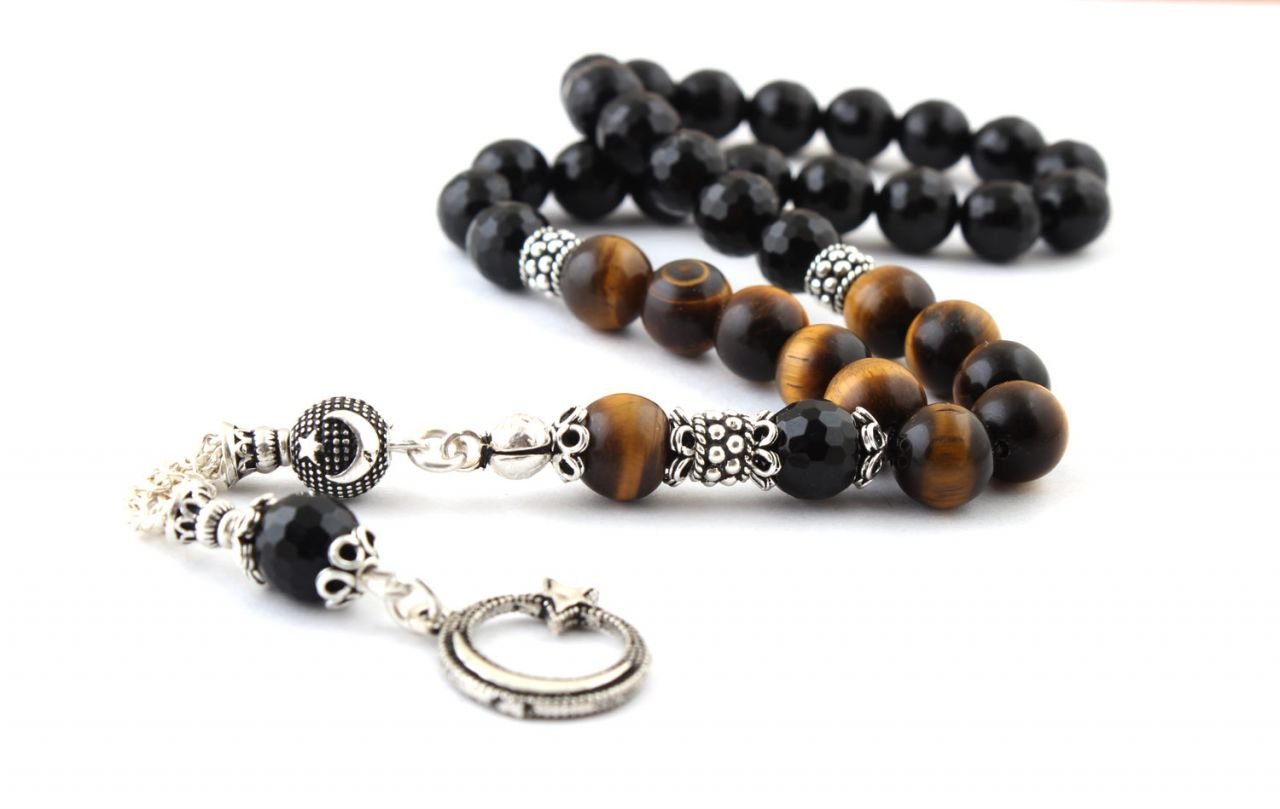 Özel Tasarım Kaplangözü ve Oniks Taşlı Gümüş Püsküllü Tesbih