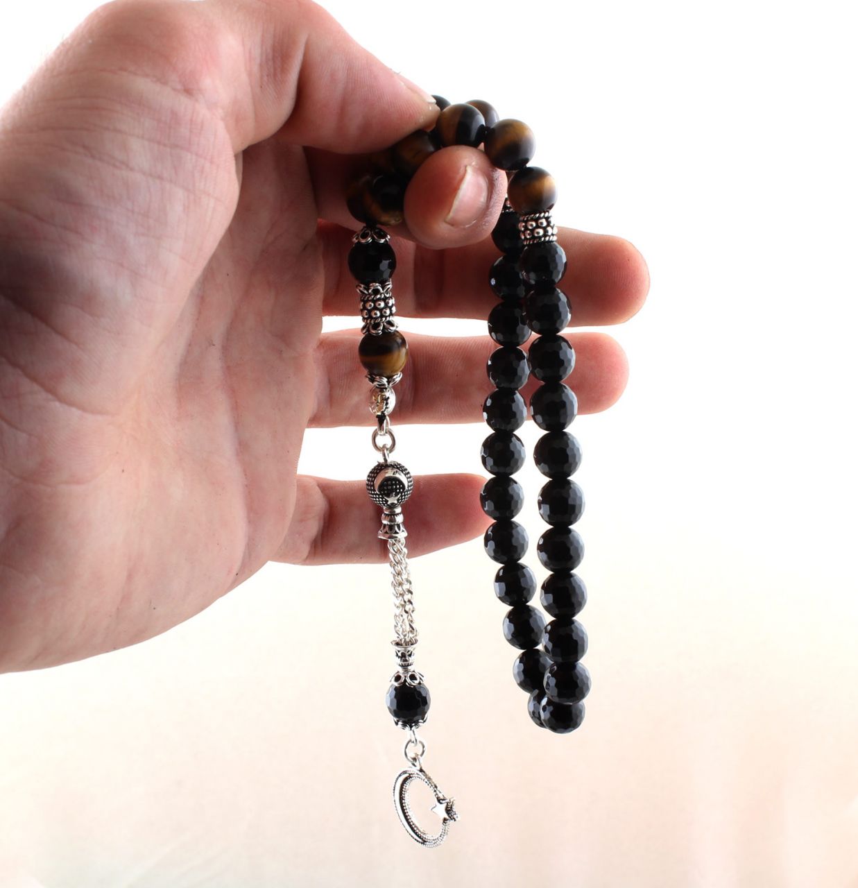 Özel Tasarım Kaplangözü ve Oniks Taşlı Gümüş Püsküllü Tesbih