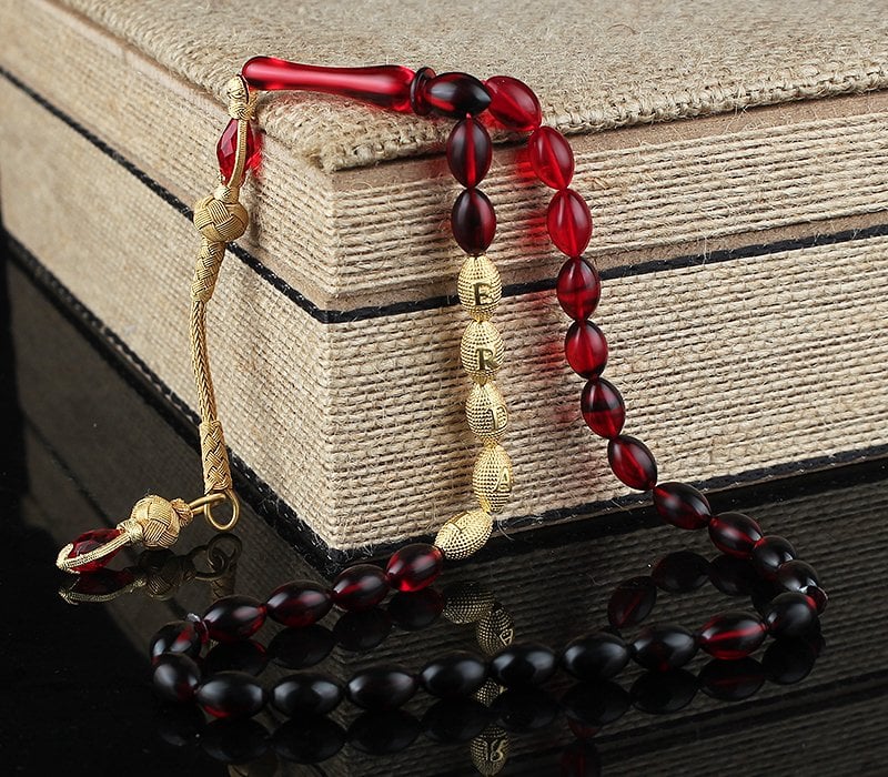 Altın Kaplama Gümüş Kazaz Püskül ve İsim yazılı Ateş Kehribar Tesbih