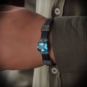 Aqua Marine Taşlı Derili 925 Ayar Erkek Gümüş Bileklik