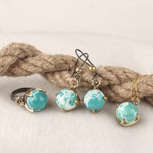 Firuze Taşlı Kolye Küpe Yüzük Üçlü Gümüş Set