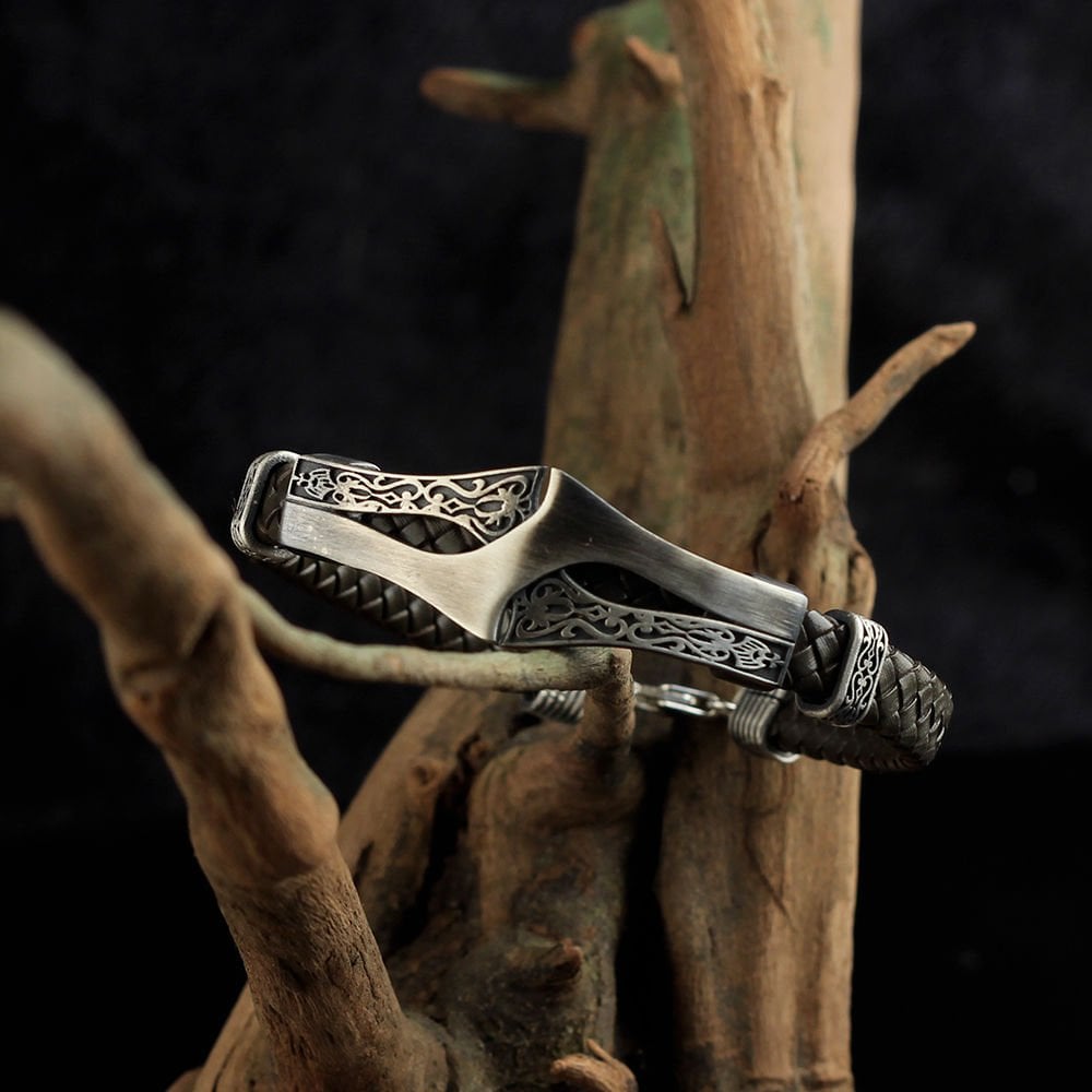 Desenli Model 925 Ayar Erkek Gümüş Deri Bileklik