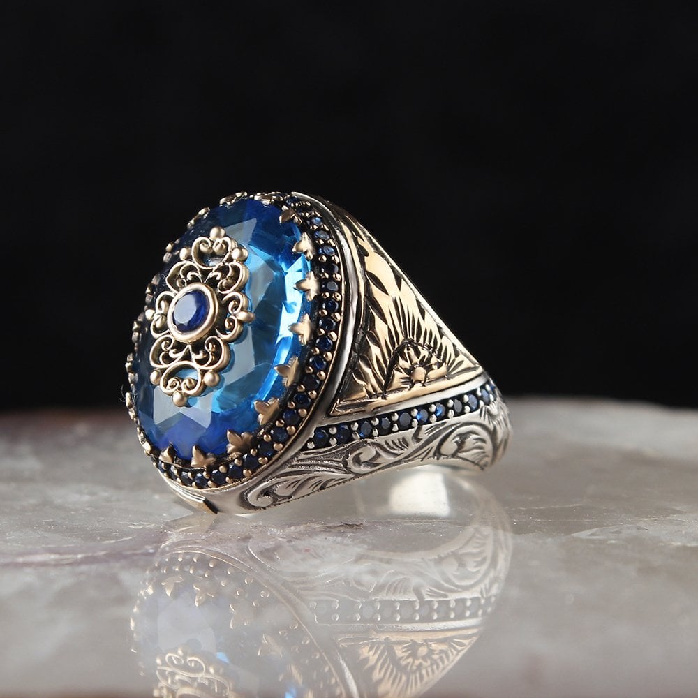 Blue Topaz Taşlı Kalem İşlemeli Gümüş Yüzük