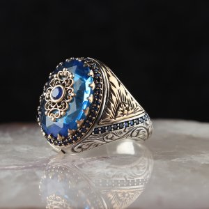 Blue Topaz Taşlı Kalem İşlemeli Gümüş Yüzük