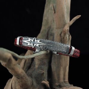 Kutup Yıldızı Model 925 Ayar Erkek Gümüş Deri Bileklik