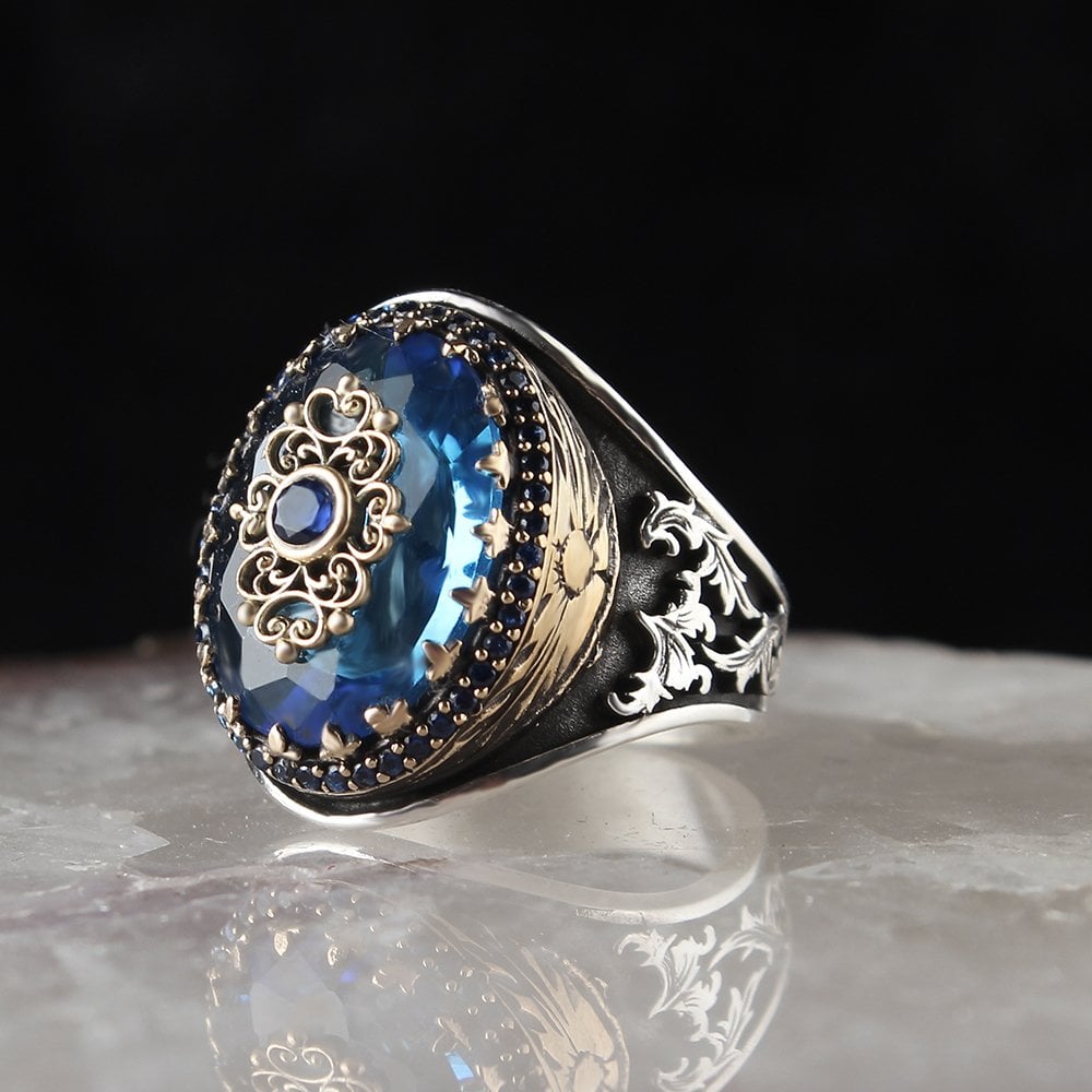 Blue Topaz Taşlı Gümüş Erkek Yüzük