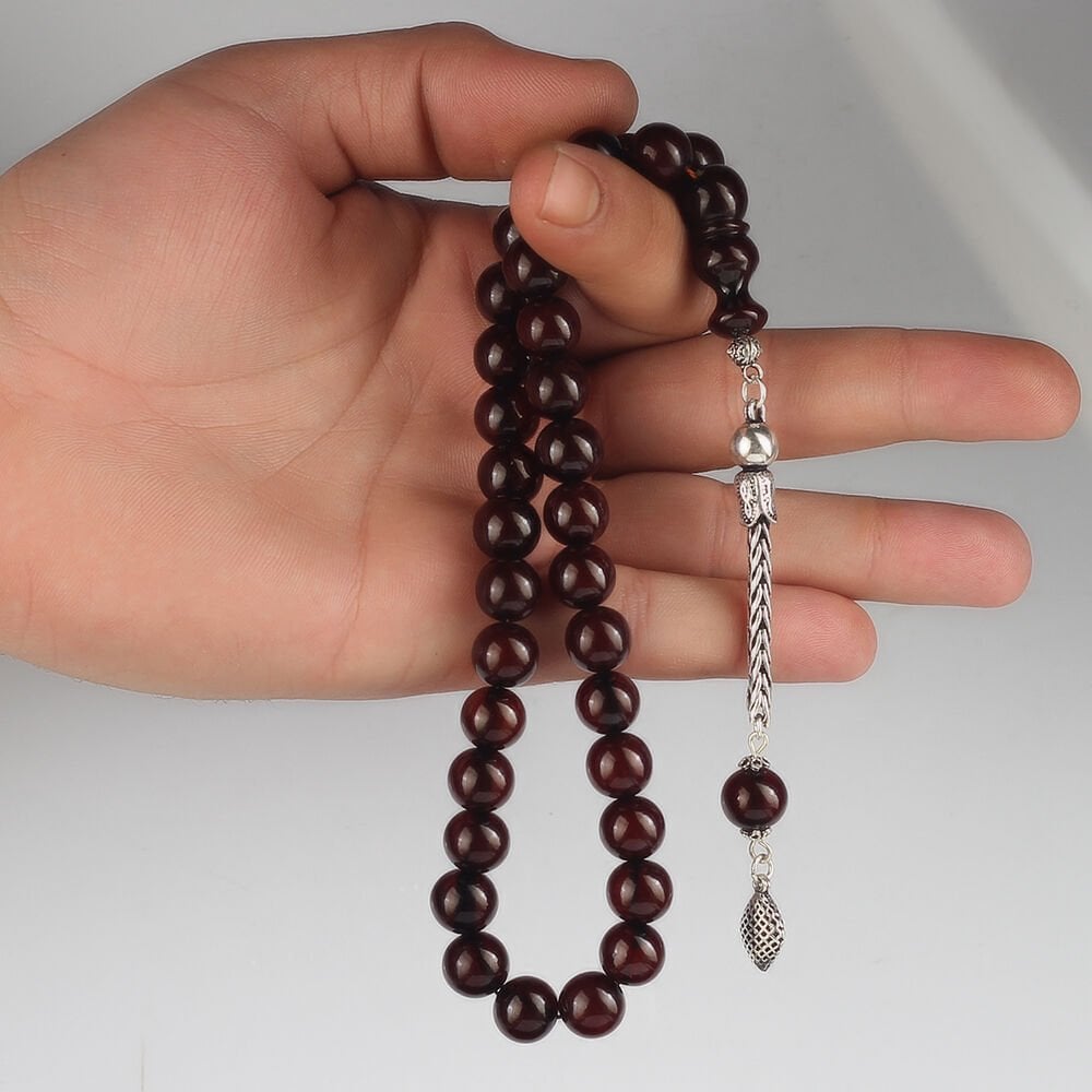 Gümüş Püsküllü Ateş Kehribar Tesbih