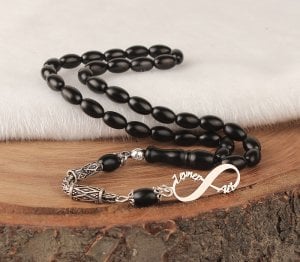 Sonsuzluk İsim Yazılı Gümüş Püsküllü Oltu Tesbih