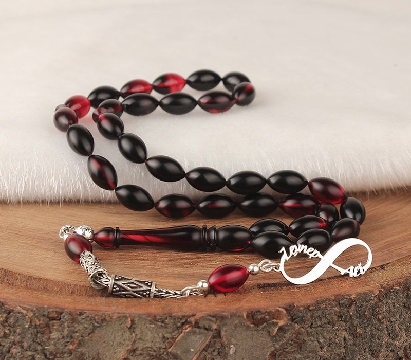 Sonsuzluk İsim Yazılı Gümüş Püsküllü Ateş Kehribar Tesbih