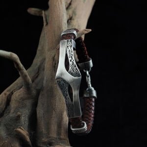Desenli Model 925 Ayar Erkek Gümüş Deri Bileklik