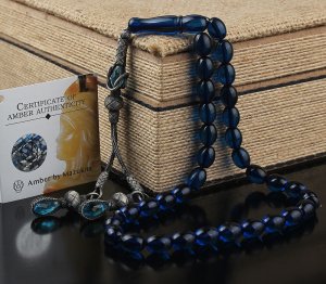 Sertifikalı Mavi Tonda Orjinal Damla Kehribar Tesbih