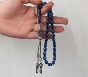 Sertifikalı Mavi Tonda Orjinal Damla Kehribar Tesbih