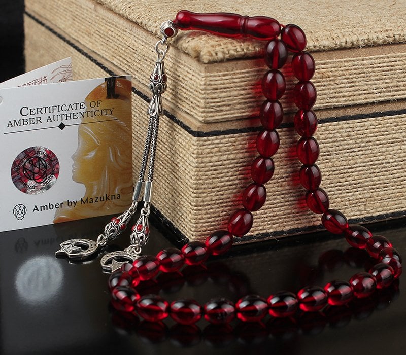 Sertifikalı Kırmızı Renk Orjinal Damla Kehribar Tesbih