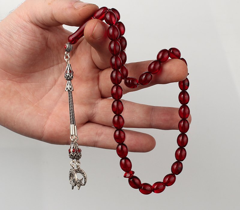 Sertifikalı Kırmızı Renk Orjinal Damla Kehribar Tesbih