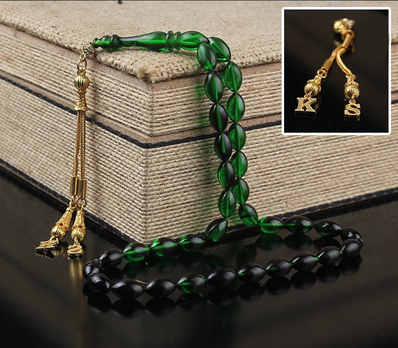 Altın Kaplama Gümüş Püsküllü Harfli Kehribar Tesbih