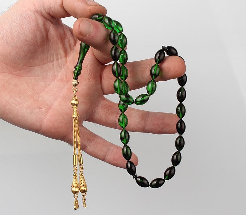 Altın Kaplama Gümüş Püsküllü Harfli Kehribar Tesbih