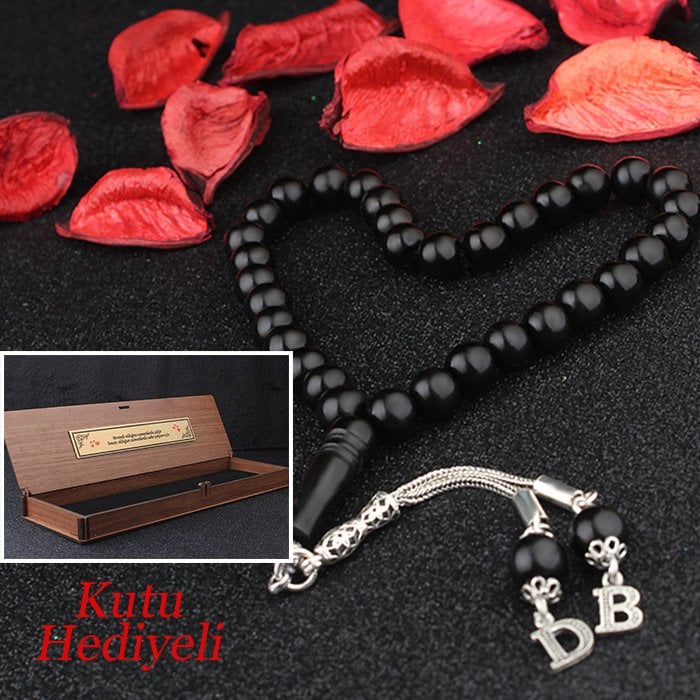 Gümüş  Püsküllü Harfli Oltu Taşı Tesbih