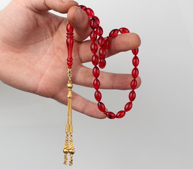 Altın Kaplama Gümüş Püsküllü Harfli Kehribar Tesbih