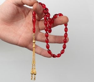 Altın Kaplama Gümüş Püsküllü Harfli Kehribar Tesbih