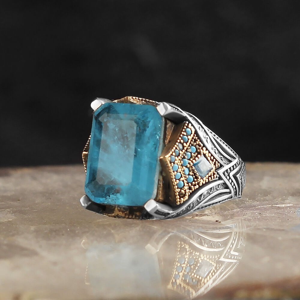 Mavi Paraiba Taşlı 925 Ayar Erkek Gümüş Yüzük