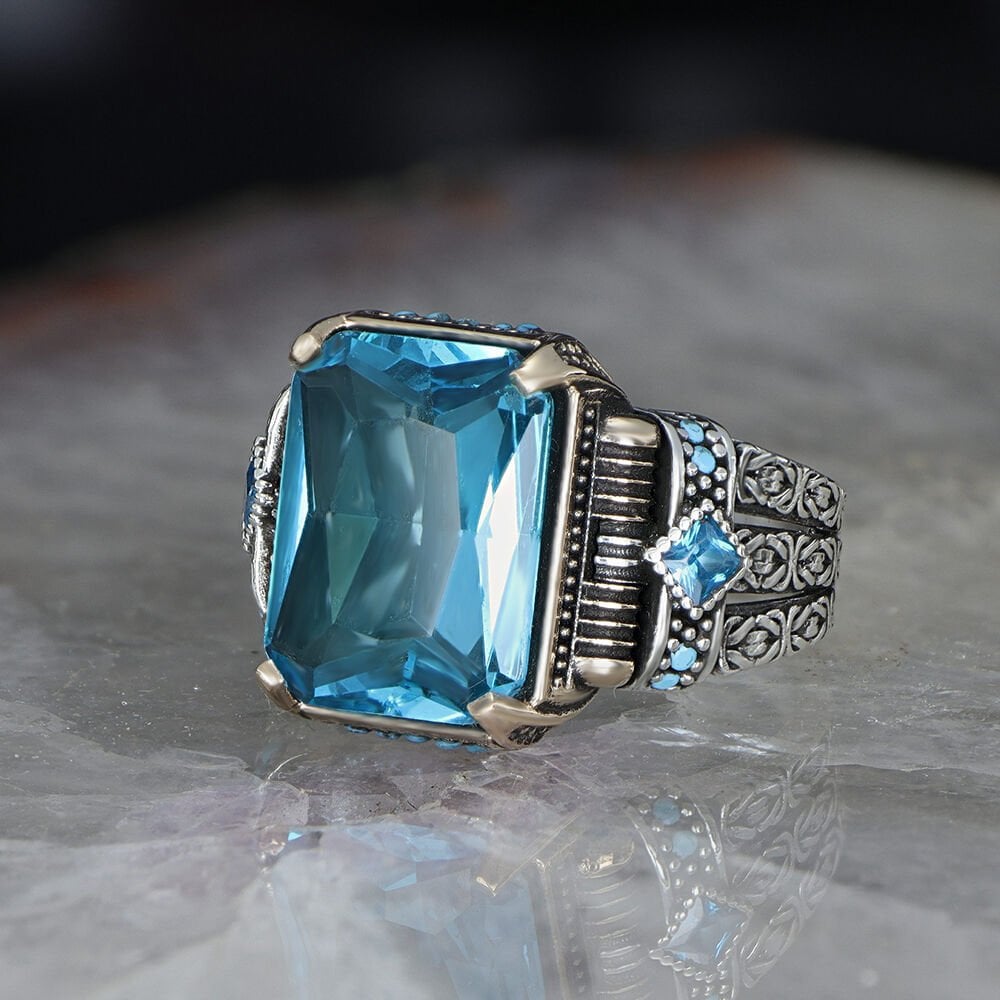 Zincir Serisi 925 Ayar Blue Topaz Taşlı Erkek Gümüş Yüzük