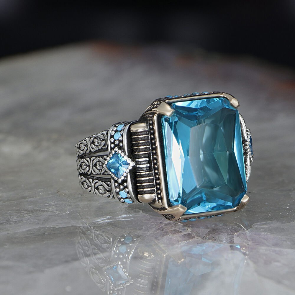 Zincir Serisi 925 Ayar Blue Topaz Taşlı Erkek Gümüş Yüzük
