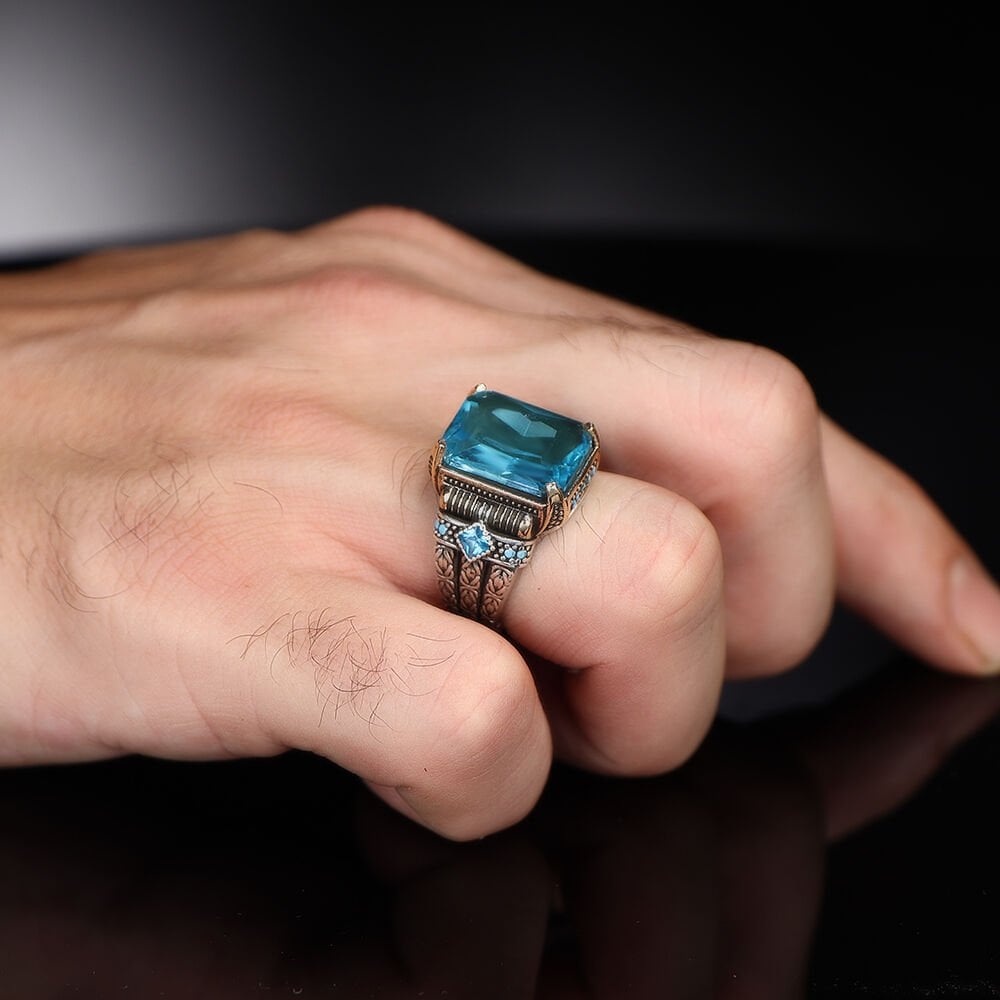 Zincir Serisi 925 Ayar Blue Topaz Taşlı Erkek Gümüş Yüzük