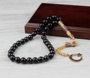Gümüş Zirkon Taşlı İmame ve  Püsküllü Oltu Taşı Tesbih