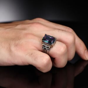 Zincir Serisi 925 Ayar Mistik Topaz Erkek Gümüş Yüzük