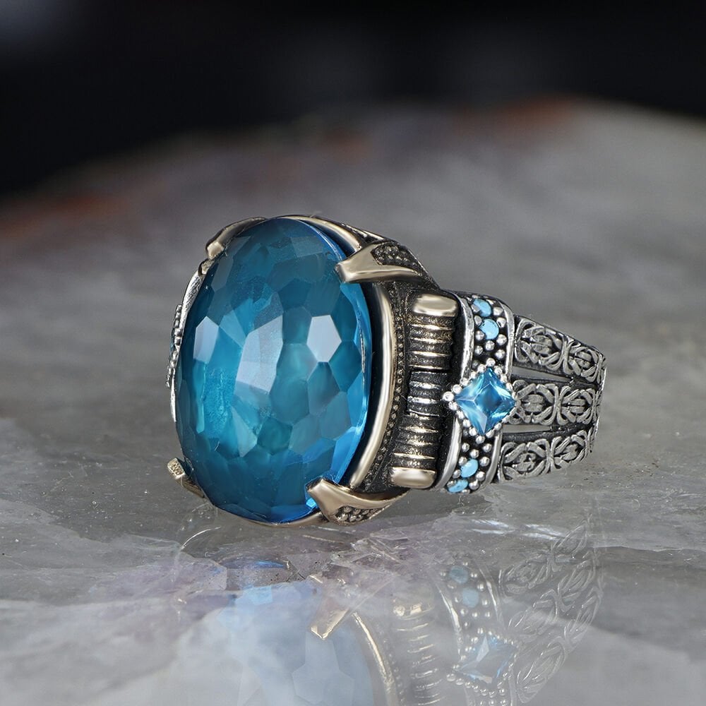 Zincir Serisi 925 Ayar Blue Topaz Erkek Gümüş Yüzük