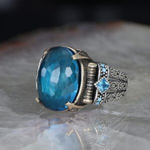 Zincir Serisi 925 Ayar Blue Topaz Erkek Gümüş Yüzük