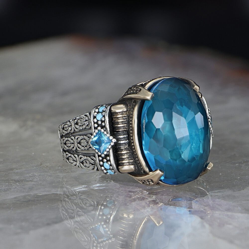 Zincir Serisi 925 Ayar Blue Topaz Erkek Gümüş Yüzük