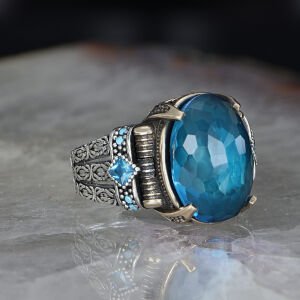 Zincir Serisi 925 Ayar Blue Topaz Erkek Gümüş Yüzük