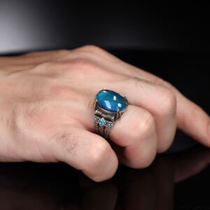Zincir Serisi 925 Ayar Blue Topaz Erkek Gümüş Yüzük