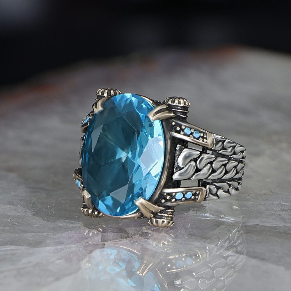 Zincir Serisi 925 Ayar Blue Topaz Erkek Gümüş Yüzük