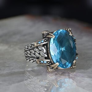 Zincir Serisi 925 Ayar Blue Topaz Erkek Gümüş Yüzük