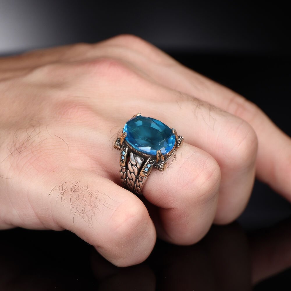 Zincir Serisi 925 Ayar Blue Topaz Erkek Gümüş Yüzük