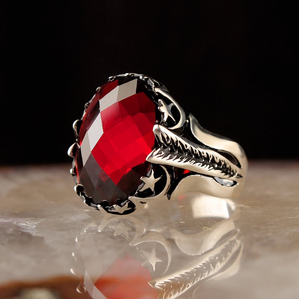 Kırmızı Renk Zirkon Taşlı Ayyıldızlı 925 Ayar Gümüş Yüzük