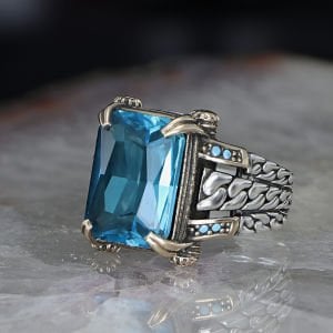 Zincir Serisi 925 Ayar Blue Topaz Erkek Gümüş Yüzük