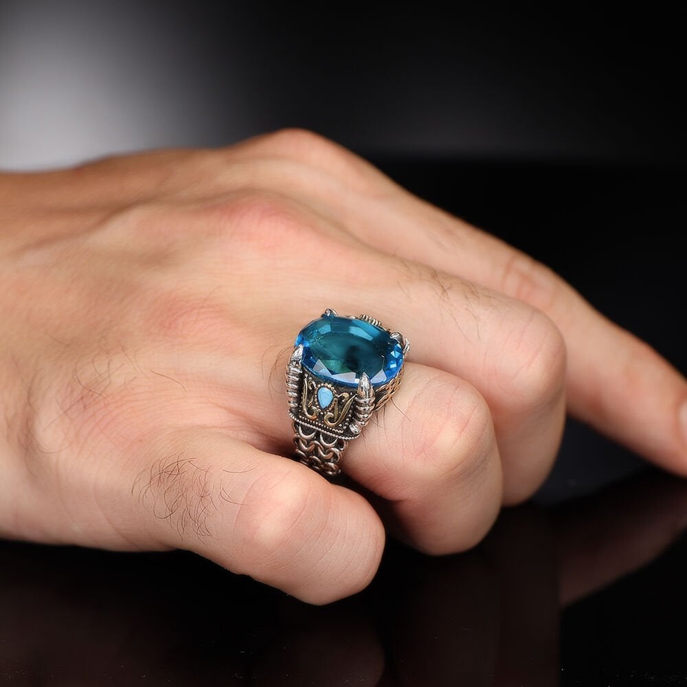 Zincir Serisi 925 Ayar Blue Topaz Erkek Gümüş Yüzük