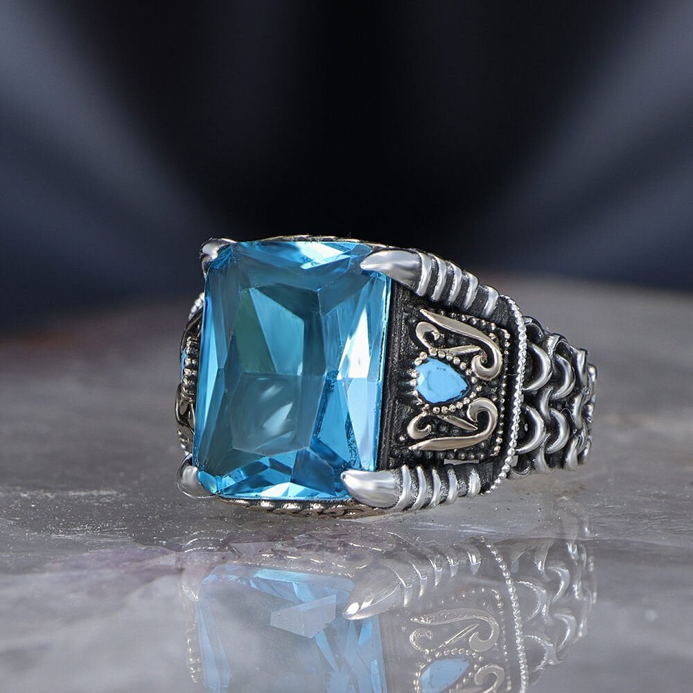 Zincir Serisi 925 Ayar  Blue Topaz Erkek Gümüş Yüzük