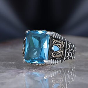 Zincir Serisi 925 Ayar  Blue Topaz Erkek Gümüş Yüzük