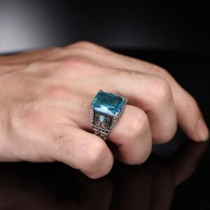 Zincir Serisi 925 Ayar  Blue Topaz Erkek Gümüş Yüzük