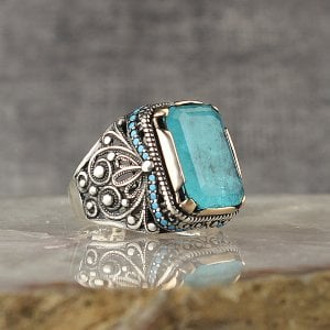 Paraiba Taşlı 925 Ayar Gümüş Erkek Yüzük