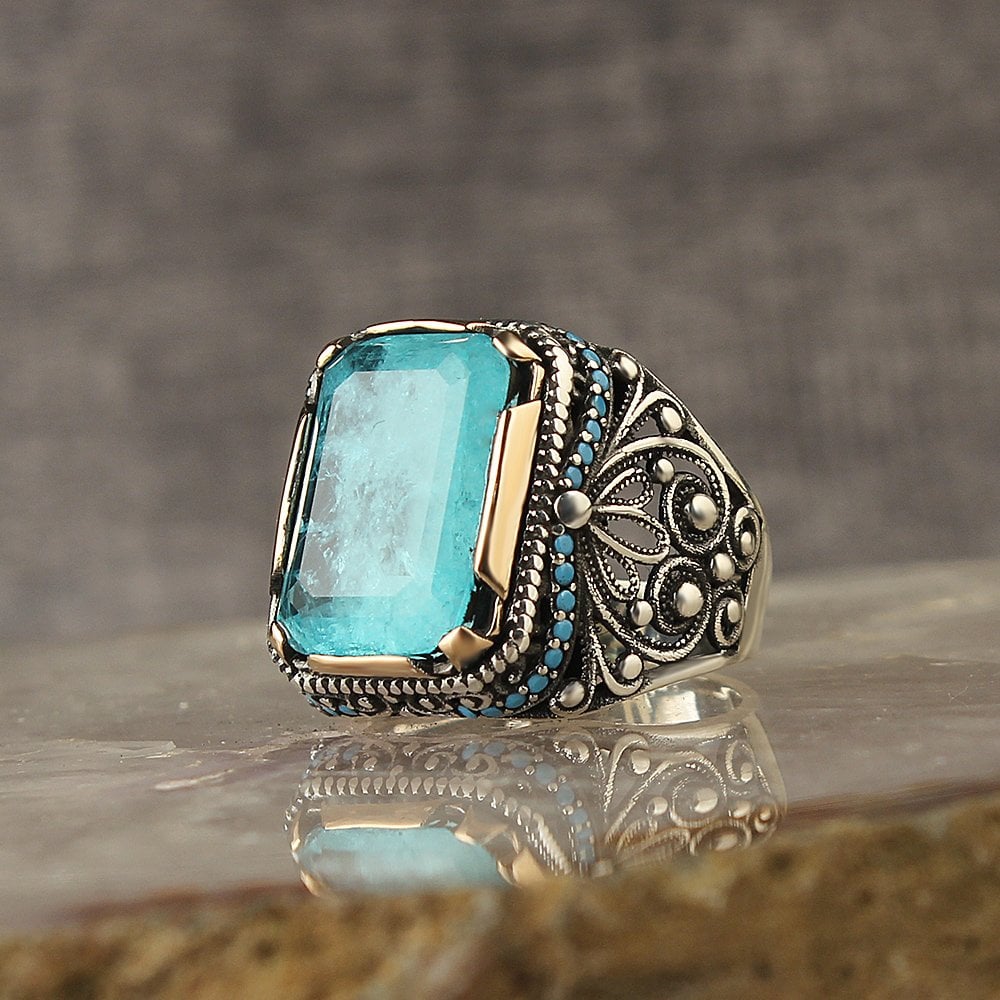 Paraiba Taşlı 925 Ayar Gümüş Erkek Yüzük