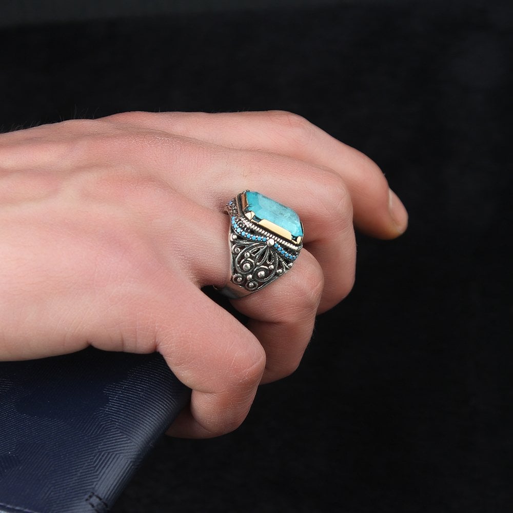 Paraiba Taşlı 925 Ayar Gümüş Erkek Yüzük