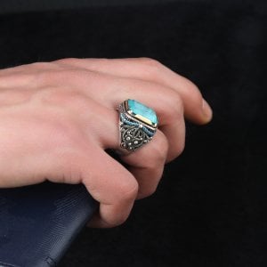 Paraiba Taşlı 925 Ayar Gümüş Erkek Yüzük