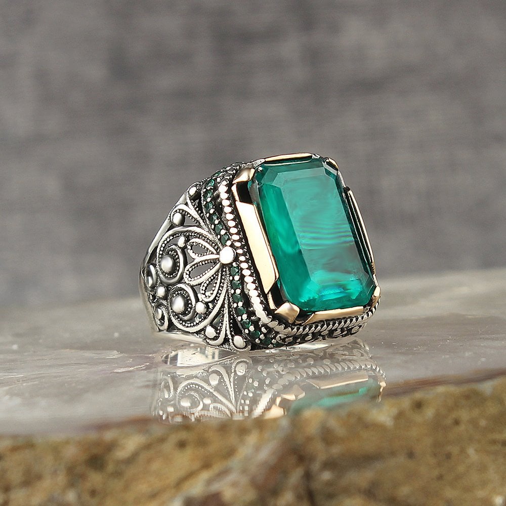Paraiba Taşlı 925 Ayar Gümüş Erkek Yüzük