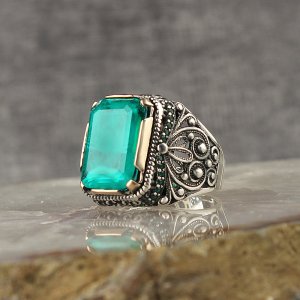 Paraiba Taşlı 925 Ayar Gümüş Erkek Yüzük