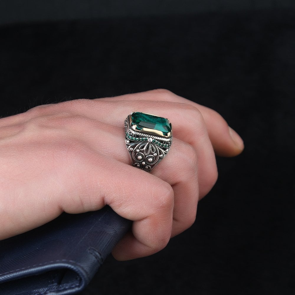 Paraiba Taşlı 925 Ayar Gümüş Erkek Yüzük